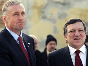 Mirek Topolánek vítá v Praze předsedu Evropské komise José Manuela Barrosa